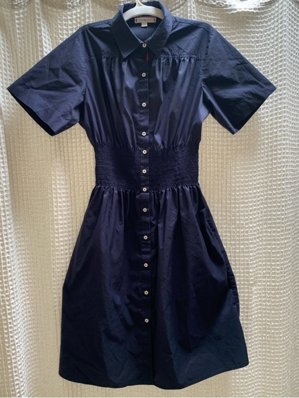 Tommy Hilfiger Navy Short-Sleeve Midi Shirtdress with Smocked Waist Sz 6